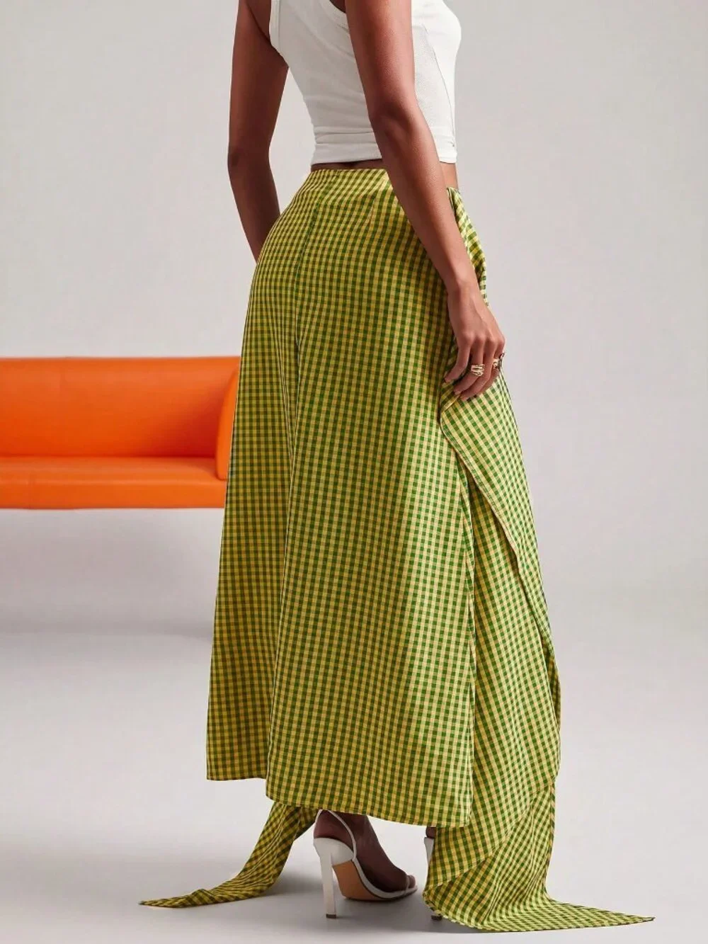 Yellow Casual Women's Gingham Tiered Flare Midi Skirt